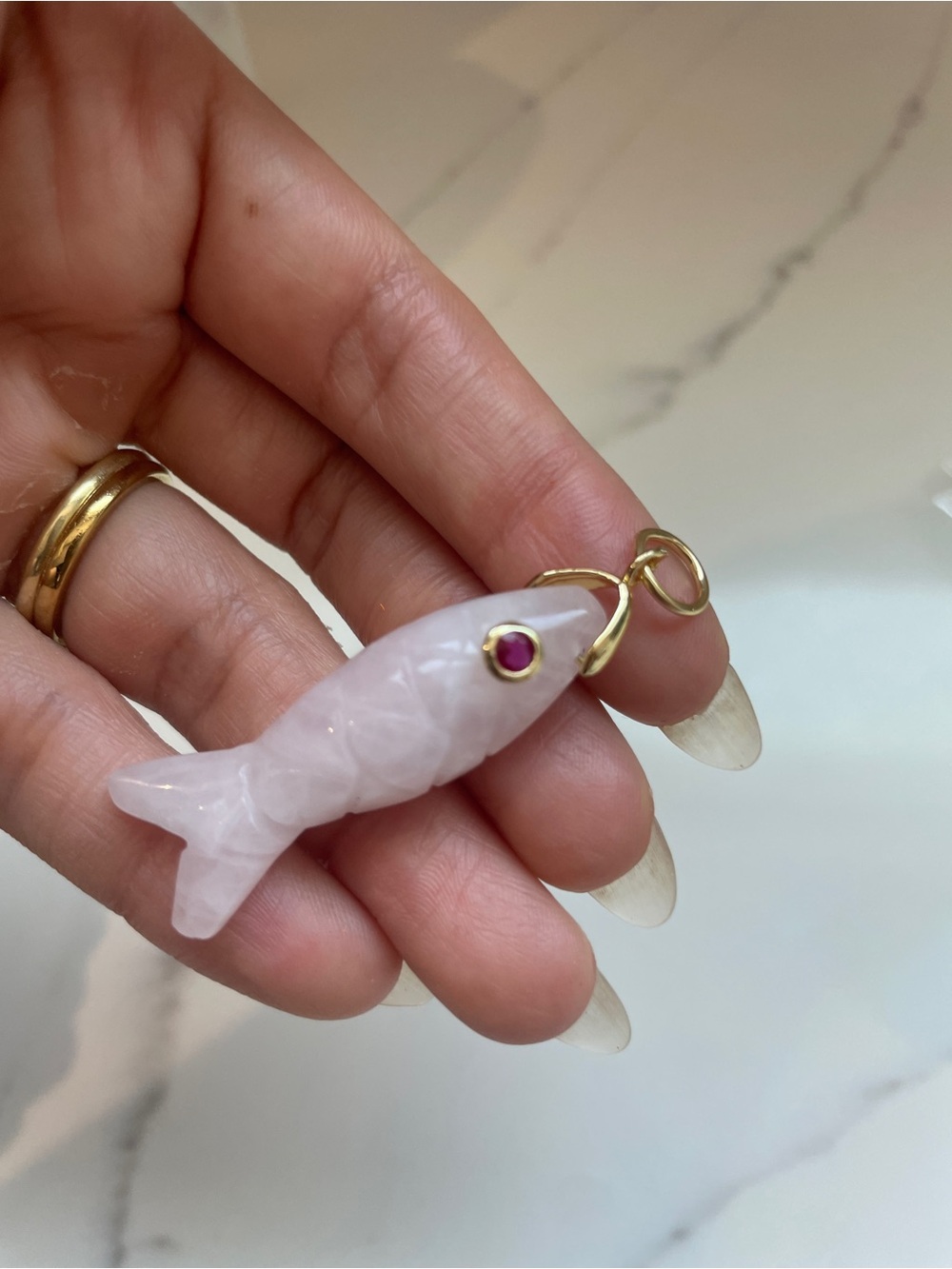 Hand-Carved Rose Quartz Fish Pendant Charm w/Magenta Zircon Eye, 18K Gold Plated
